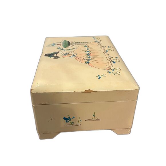 Vintage Jewelry Music Box & Key Mirrored w/ Blue Fabric Hand Painted Party Dress - Picture 5 of 5